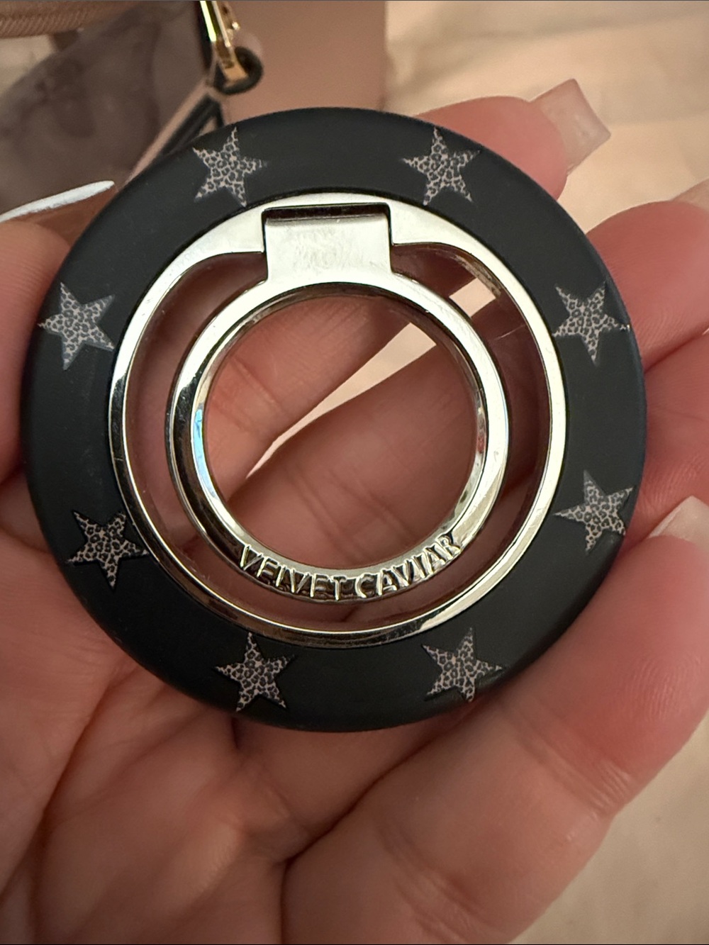 Velvet Caviar Black Phone Ring with Silver Star Accents
